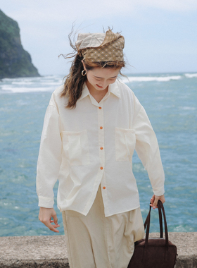 花吉B547奶油色撞色扣长袖纯色衬衫女2026新款秋POLO领学院风衬衣