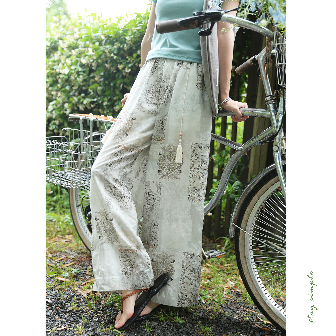 花吉宽松慵懒感薄款印花休闲裤