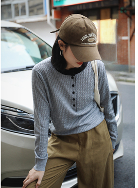 花吉C075灰色撞色圆领学院风半开襟针织衫女2025新款套头长袖上衣