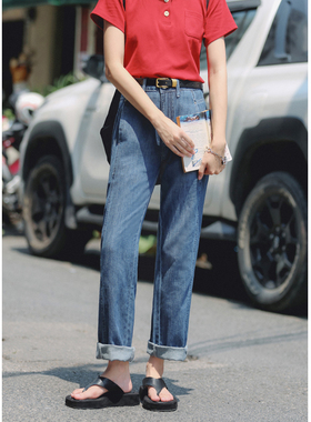 花吉K211深蓝色韩版高腰显瘦阔腿直筒牛仔裤女2025新款夏垂感长裤