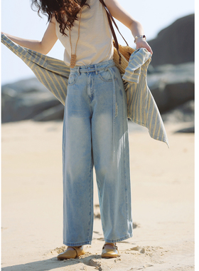 花吉L077浅蓝色复古高腰破洞磨白绣花直筒九分牛仔裤女2026新款春