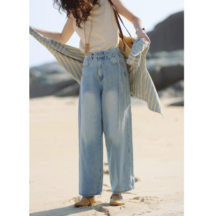 花吉L077浅蓝色复古高腰破洞磨白绣花直筒九分牛仔裤 春 女2026新款