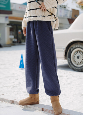 花吉K299藏蓝色菱格宽松松紧腰休闲裤女2025新款冬季九分束脚裤