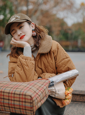 花吉B353棕色羊羔毛翻领葫芦绗棉短款棉服女2026新款秋冬棉衣