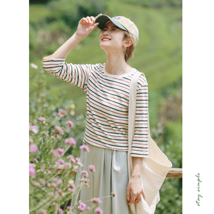 花吉C001米色条纹七分袖圆领宽松T恤女2026新款秋横条纹休闲上衣