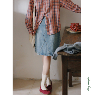 花吉Q392蓝色高腰复古牛仔A字半身裙2026年新款 牛仔裙短裙 夏短款