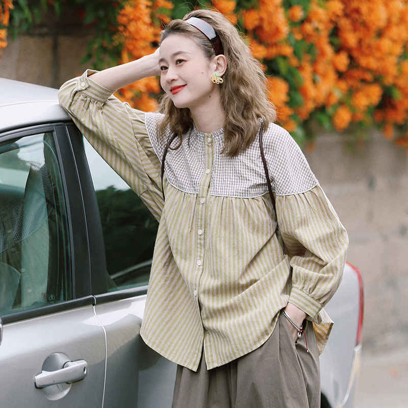 花吉绿色日系拼接条纹长袖衬衫