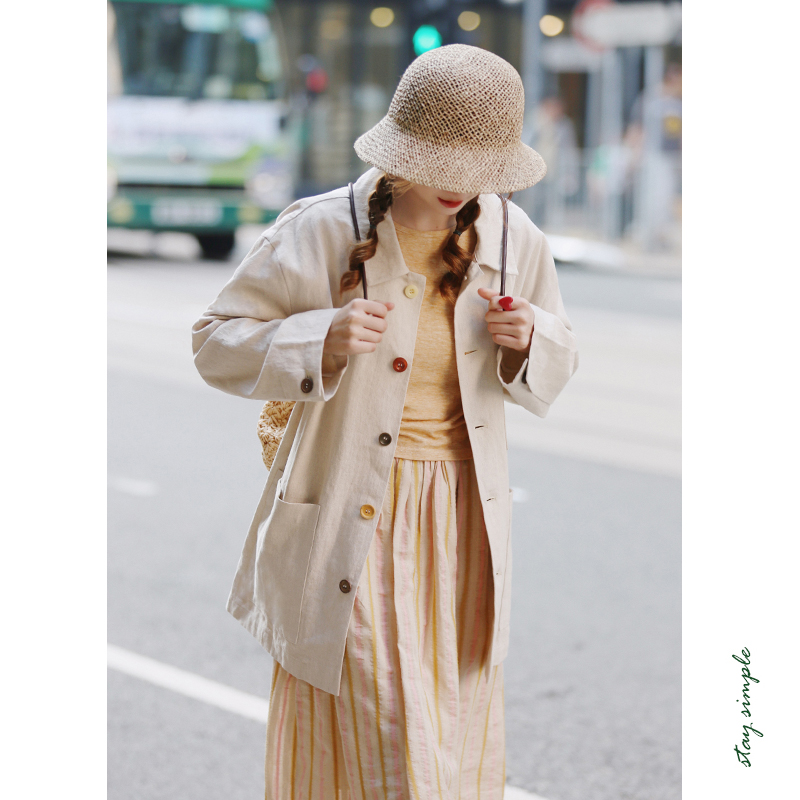 花吉B701原麻色中性日系宽松长袖棉麻宽松外套女2025新款夏上衣