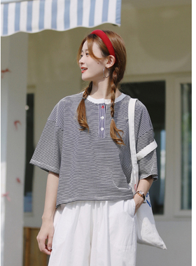 花吉B768黑白色休闲圆领半开襟条纹短袖T恤女2026新款夏宽松上衣