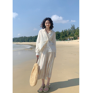 春半裙 花吉Q573打揽松紧腰自然皱宽松休闲垂感条纹半身裙2026新款