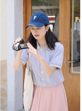 花吉B482灰色Polo翻领美式复古学院风T恤女2025新款夏宽松上衣