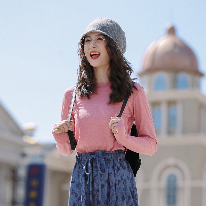 花吉B800米白木耳边微透薄款打底T恤女2025新款春夏百搭长袖上衣