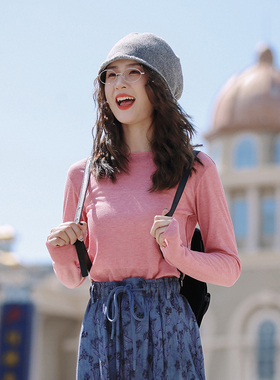 花吉B800米白木耳边微透薄款打底T恤女2025新款春夏百搭长袖上衣