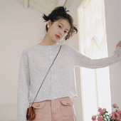 花吉B665米杏色宽松小个子卷边彩点圆领针织开衫 女2025新款 春毛衣