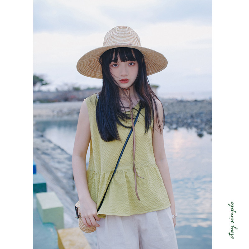 花吉B750绿色圆领无袖宽松背心女2026新款夏清新肌理感甜美上衣