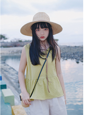 花吉B750绿色圆领无袖宽松背心女2026新款夏清新肌理感甜美上衣