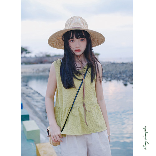 花吉B750绿色圆领无袖宽松背心女2026新款夏清新肌理感甜美上衣