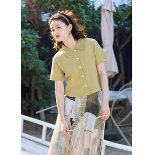 T恤女2026新款 夏上衣 短款 花吉C156绿色褶皱翻领日系复古弹力短袖