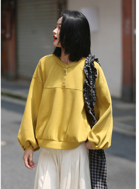 花吉C062凤梨黄圆领宽松无帽花苞剪裁卫衣女2026新款秋套头上衣