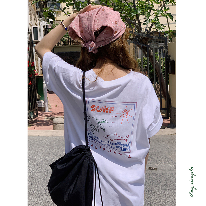 花吉B784白色后背印花纯棉宽松白T恤女2025新款夏全棉圆领上衣