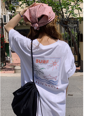 花吉B784白色后背印花纯棉宽松白T恤女2025新款夏全棉圆领上衣