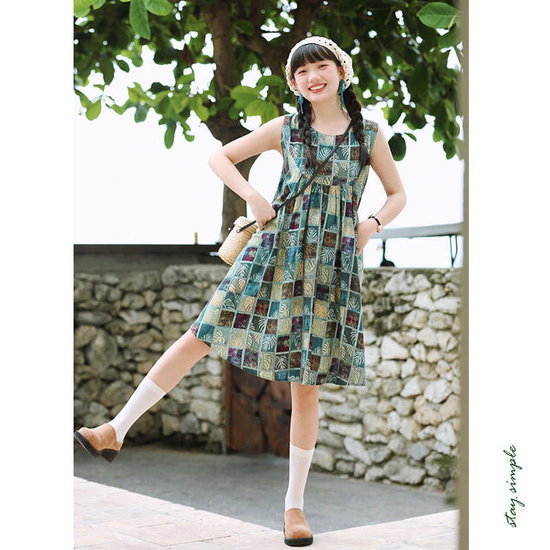 花吉Q470绿色后背系带复古印花背心裙2025新款夏短袖背心连衣裙