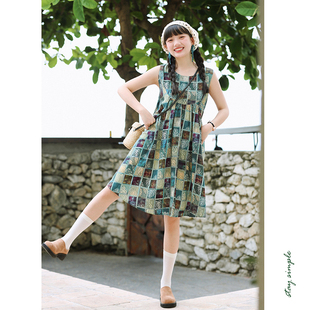 花吉Q470绿色后背系带复古印花背心裙2025新款 背心连衣裙 夏短袖