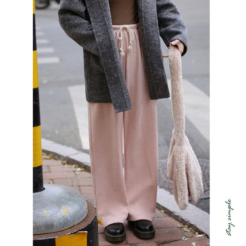 花吉K389蜡笔粉加绒保暖显瘦直筒松紧腰休闲裤女2026新款冬季长裤