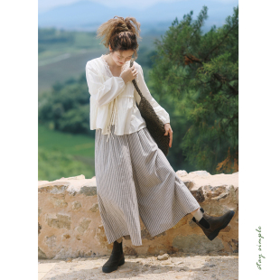 秋宽松阔腿休闲裤 花吉L027米灰色高腰条纹棉麻阔腿裙裤 女2026新款