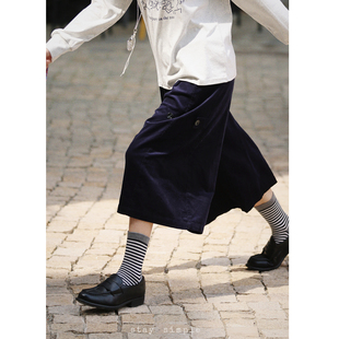 秋休闲裤 花吉L032藏青色灯芯绒高腰复古阔腿宽松七分裤 女2025新款