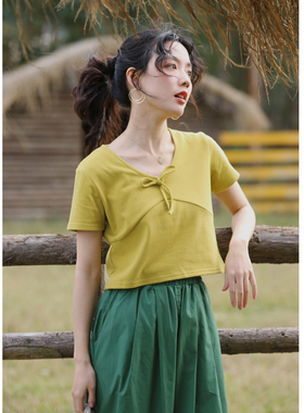 花吉B369黑色蝴蝶结系带圆领宽松短袖T恤女2026新款夏学生上衣