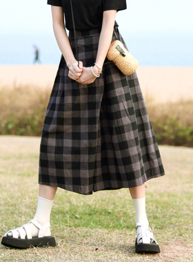 花吉Q524黑灰色格子斜门襟设计休闲阔腿裤女2026新款夏松紧腰裙裤