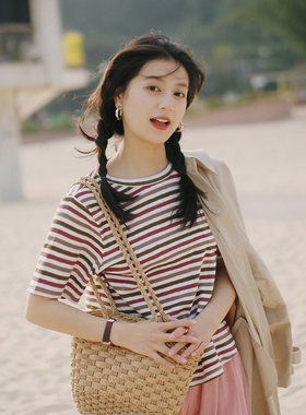 花吉B682彩虹条纹柔软短袖T恤女2025新款春横条纹圆领学生上衣