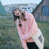 花吉B814芭乐粉色翻领针织毛衣女2025新款 秋冬宽松学院风套头上衣