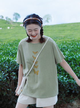 花吉C195灰绿色不规则袖口蝴蝶印花宽松纯棉T恤女2026新款夏上衣