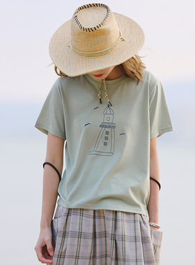 花吉B953灰绿色灯塔印花刺绣短袖T恤女2025新款夏纯棉宽松上衣