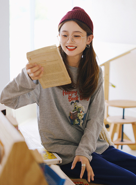 花吉B795灰色复古字母印花宽松长袖T恤女2025新款秋休闲学院上衣