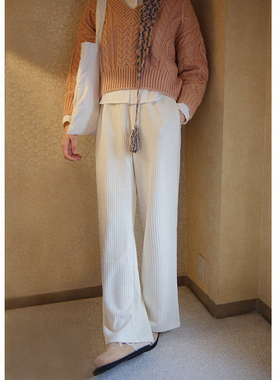 花吉K264米色华夫格松紧腰弹力休闲裤女2025新款秋冬垂感直筒裤