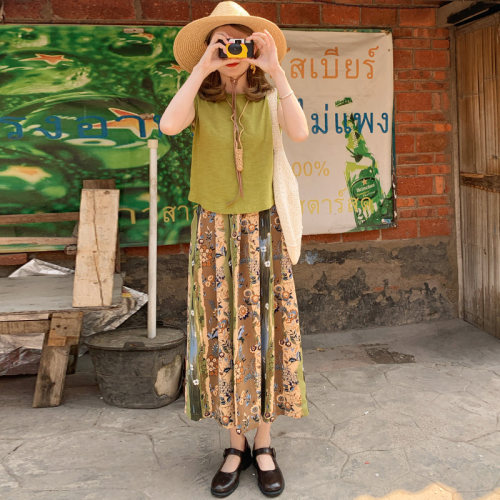 花吉Q527高腰复古夏日拼色印花柔软垂感半身裙女2026新款夏中长裙