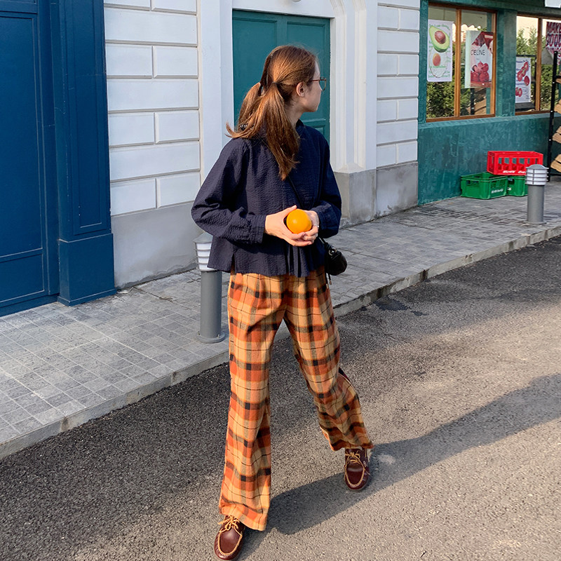 花吉K370落日橘色高腰复古宽松格子条纹直筒休闲裤女2025新款秋