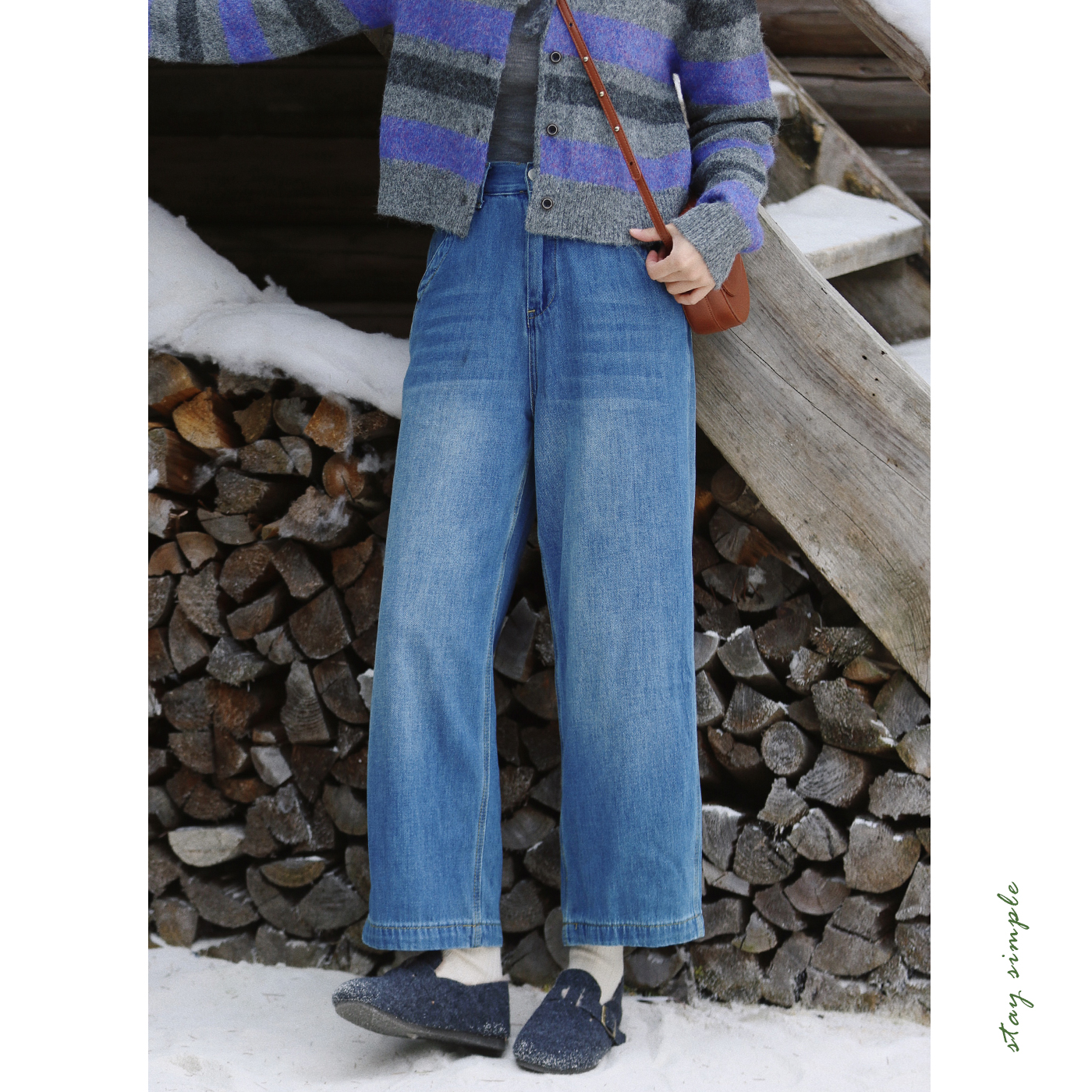 花吉蓝色高腰复古宽松牛仔裤