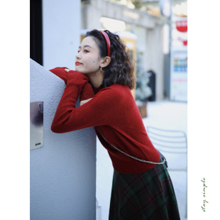 花吉C127红色无缝一体莱赛尔羊毛宽松毛衣女2026新款 秋冬圆领上衣