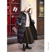 冬季 花吉C132黑色长款 休闲宽松连帽羽绒服女2025新款 通勤直筒外套