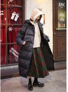 花吉C132黑色长款休闲宽松连帽羽绒服女2025新款冬季通勤直筒外套