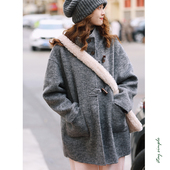 花吉B871花灰羊毛连帽牛角扣双面毛呢外套女2025新款 冬中长款 大衣