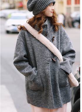 花吉B871花灰羊毛连帽牛角扣双面毛呢外套女2026新款冬中长款大衣