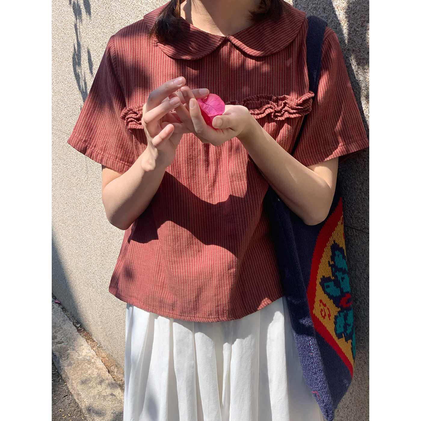 花吉C180红色木耳边竖条纹日系娃娃领短袖衬衫女2026新款夏衬衣