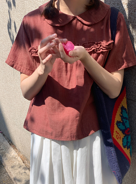 花吉C180红色木耳边竖条纹日系娃娃领短袖衬衫女2026新款夏衬衣