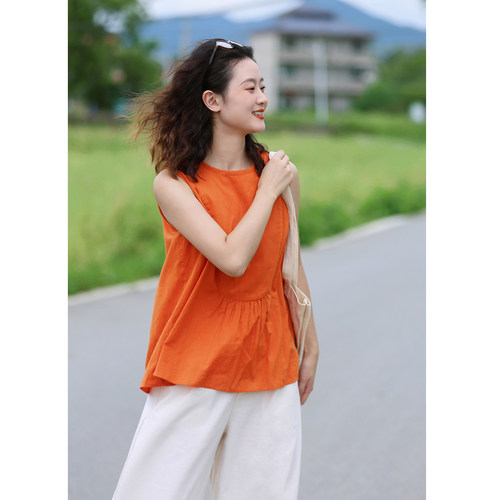 花吉橘色日系无袖套头纯棉衬衫