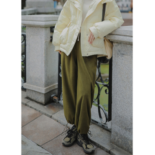 秋冬束脚裤 花吉K181青苔绿松紧腰摇粒绒宽松运动休闲裤 女2025新款